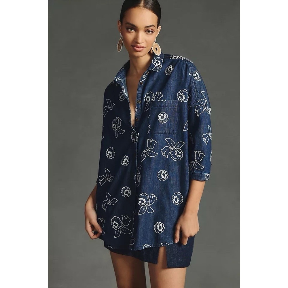 Anthropologie Maeve Oversized Embroidered Chambray Size M/L Boho Denim Floral